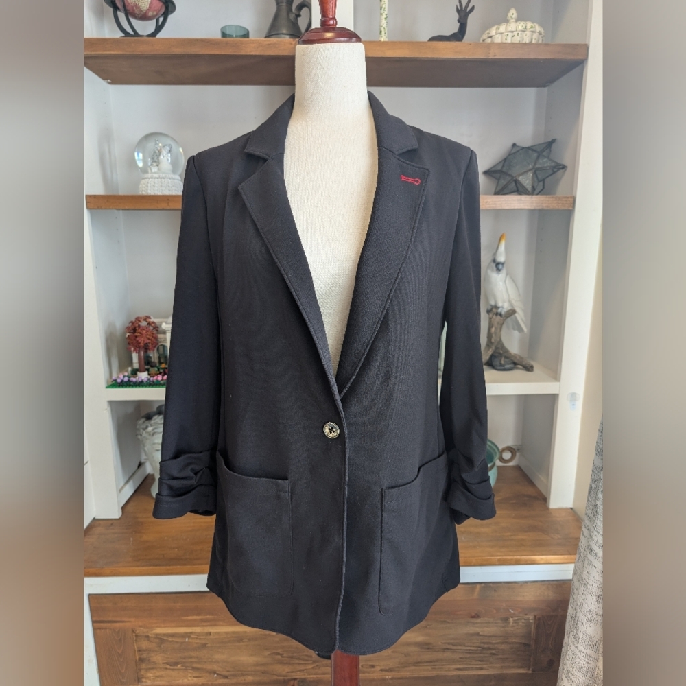 Tommy Hilfiger Mid Length Single Button Ruffle Sleeve Black Blazer Size 12